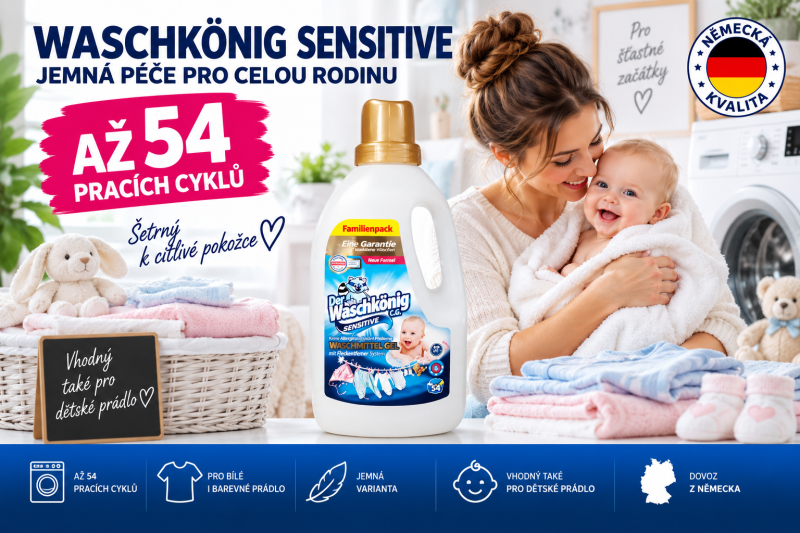 Waschkönig Sensitive – prací gel pro bílé i barevné a dětské prádlo až na 54 pracích cyklů